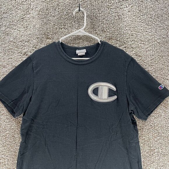 Champion Shirt Adult Large Black Big Embroidered Logo Vintage Crewneck Cotton - Picture 4 of 10